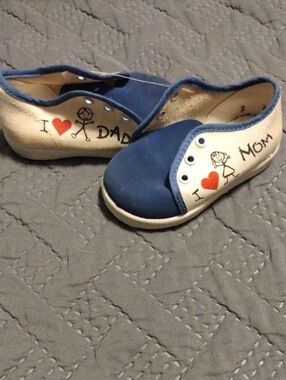 vintage Kids Canvas Slip-On Shoes with 'I ♥ Mom/Dad' Design - Blue and White